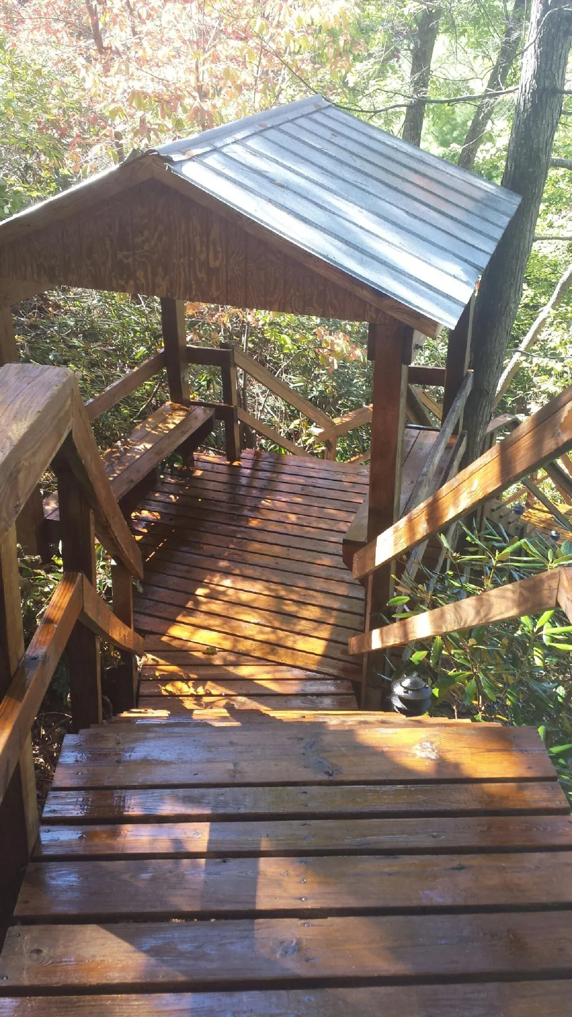 Freshly stained wood walkway and covered shelter with a metal roof in Spring Creek